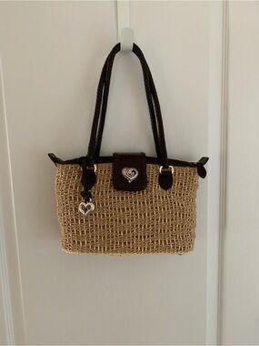 Brighton Debbie Woven Straw Tote with Dark Brown Trim and Heart Charm